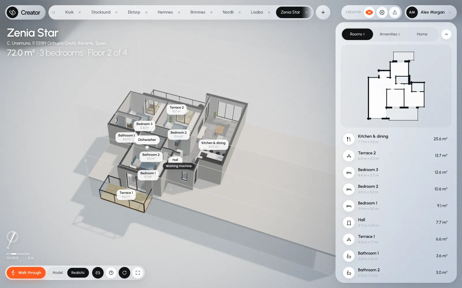 Zenia Star built in 3D, furnished, seen from above with the ceilings off