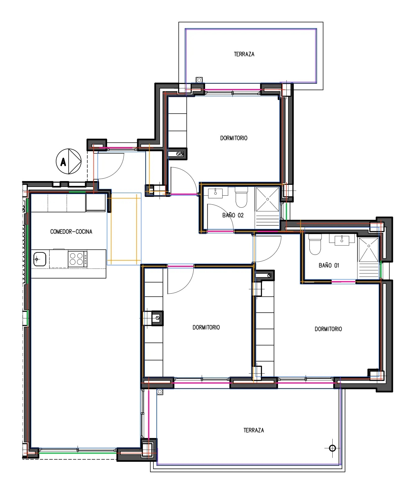 The same plan with what Creator read drawn over it: rooms, walls, doors and windows