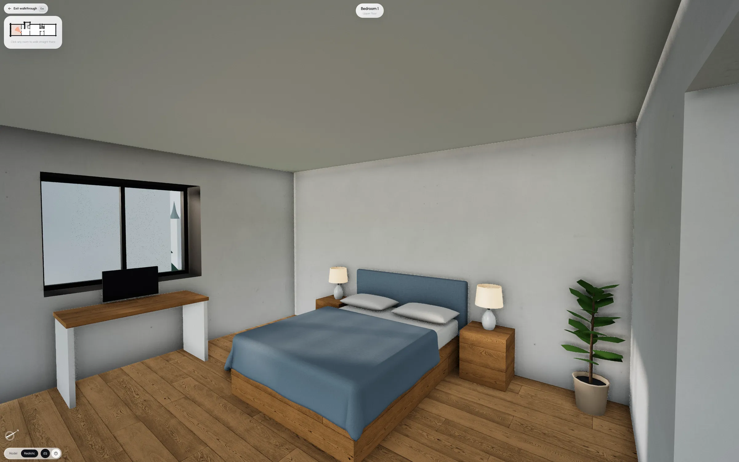 Walking through a bedroom in Creator: a double bed with a blue cover, a desk under the window and oak floors